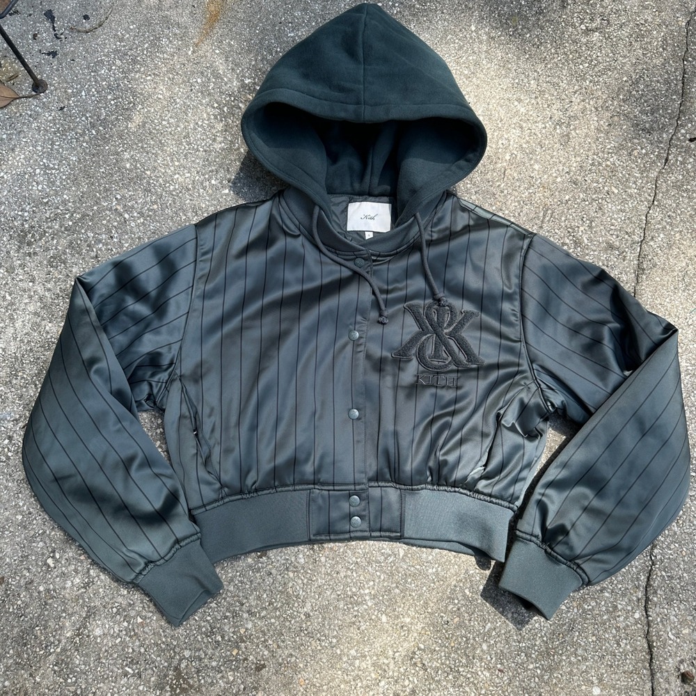Kith Women Pinstripe Satin Bomber Jacket Forest Green Hooded Cropped Small